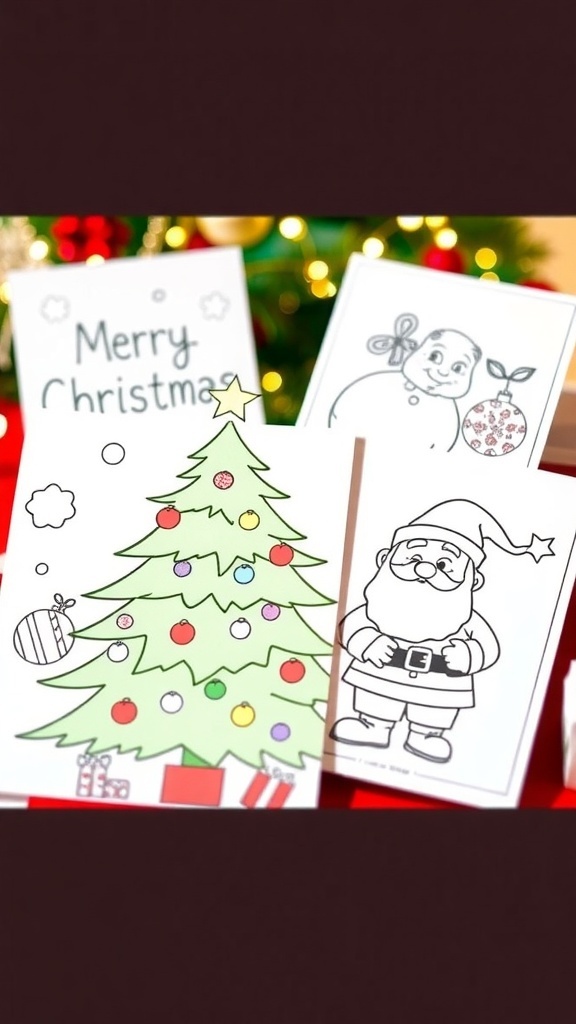 Simple Christmas coloring pages featuring a tree, Santa, and ornaments, ready for kids to color.